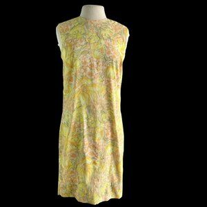 1960s Yellow Floral Sleeveless Shift Dress M